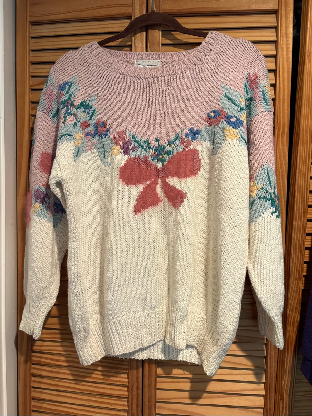 Vintage 1990s Floral Bow Hand Knit Sweater Ramie Cottagecore Grandmacore